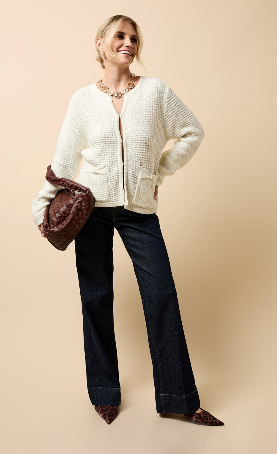 Celeste Cream Knitted Bow Pocket Detail Cardigan