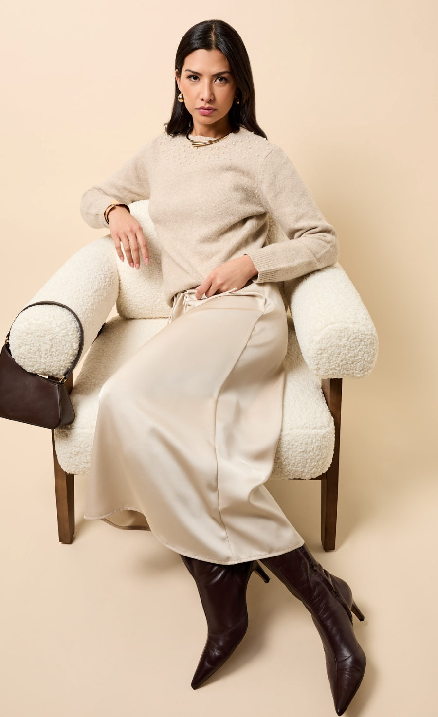 Dahlia Taupe Embellished Knitted Jumper