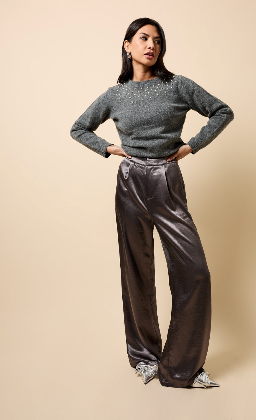 Estelle Grey Satin Wide Leg Trousers