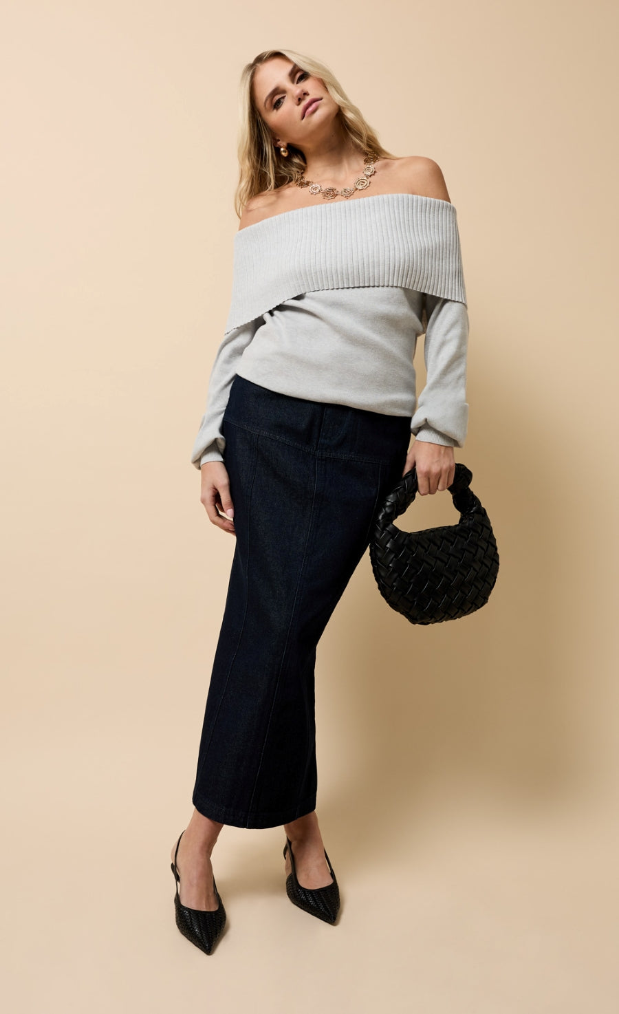 Colette Grey Knitted Bardot Jumper