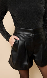 Bianca Black Pleated PU ShortsShortsShortsLittle Mistress