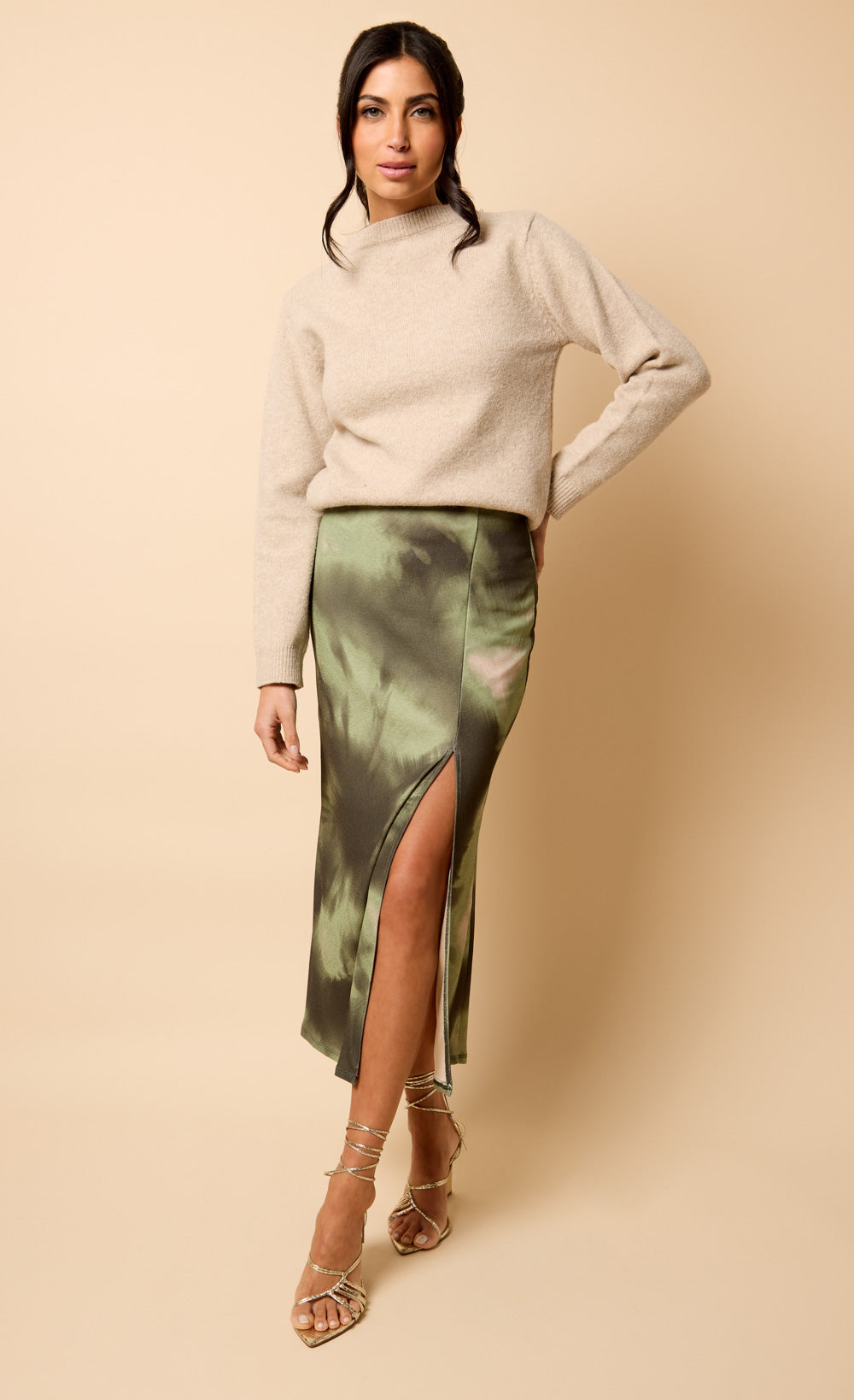 Inès Khaki Print Midaxi SkirtSkirtsSlip SkirtLittle Mistress