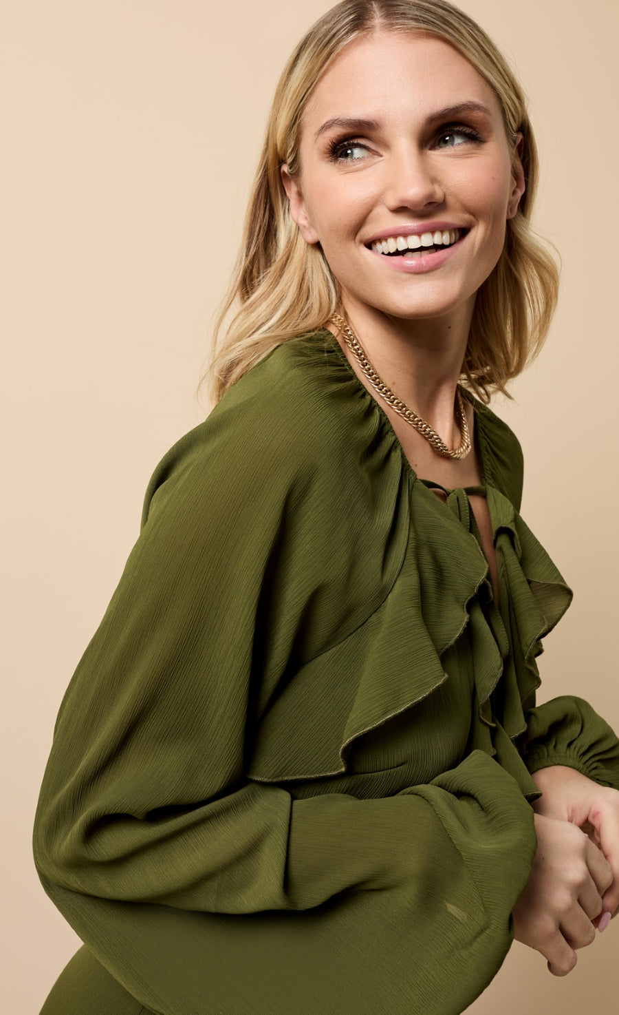 Lumière Khaki Chiffon Ruffle Maxi Dress