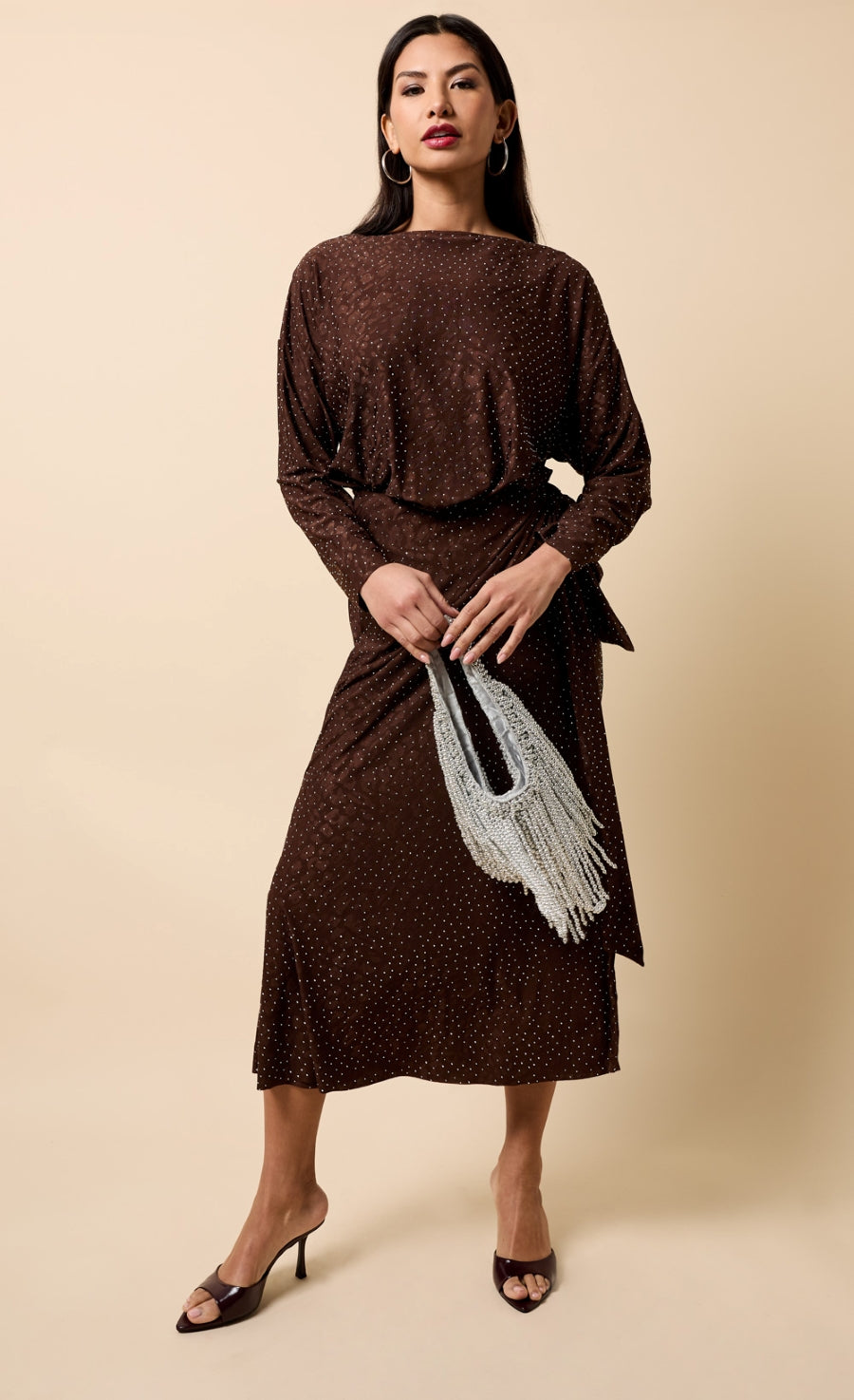 Lysandra Chocolate Animal Texture Gem Wrap Midaxi Dress