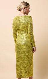 Solange Lime Sequin Square Neck Midaxi Dress showcasing vibrant lime sequins and a flattering midaxi length.