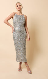 Soleil Silver and Gold Sequin Midaxi Dress showcasing shimmering sequins and elegant silhouette on model.