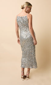 Soleil Silver and Gold Sequin Midaxi Dress showcasing the elegant back design with shimmering sequins.