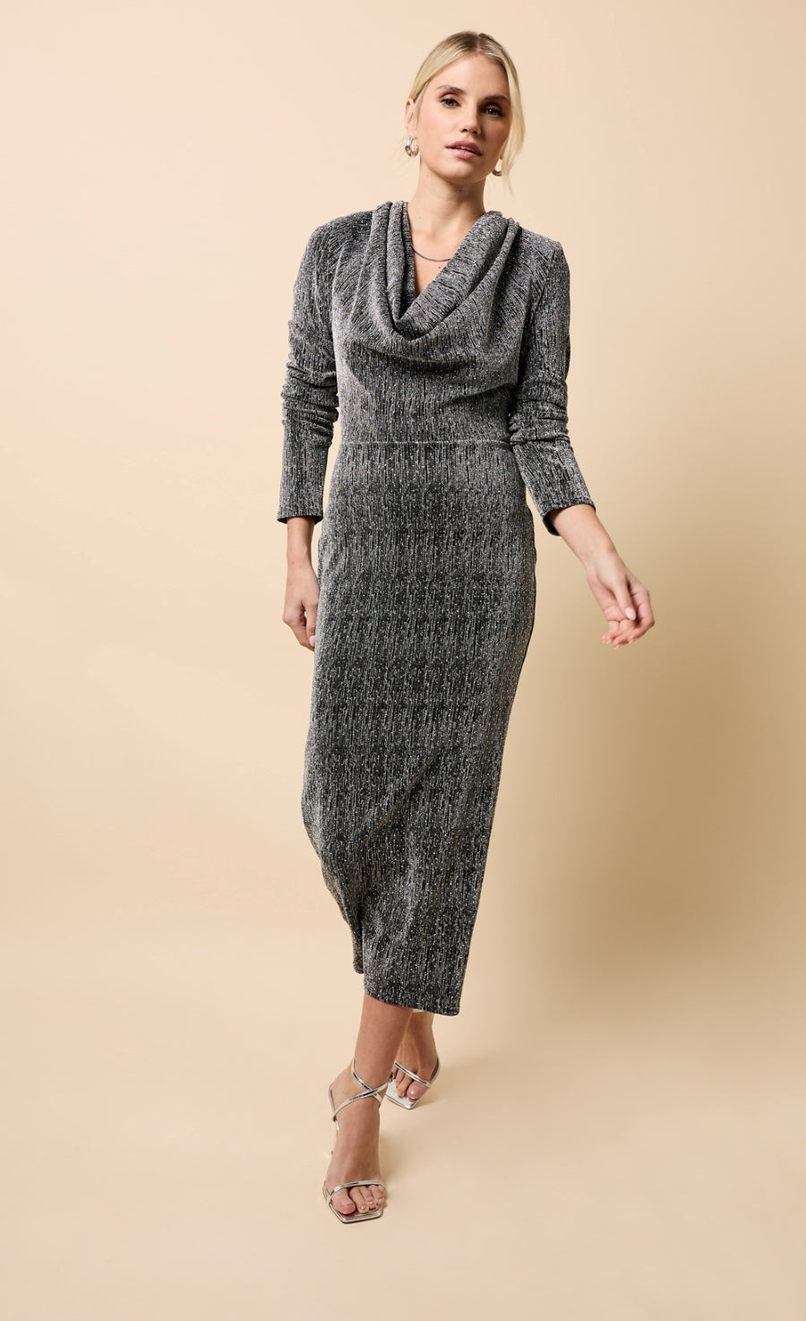 Sylvie Black and Silver Cowl Neck Midaxi Dress on model with elegant cowl neck and long sleeves.