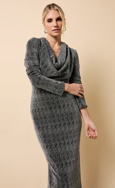 Sylvie Black and Silver Cowl Neck Midaxi Dress in elegant style with long sleeves and flattering cowl neck.