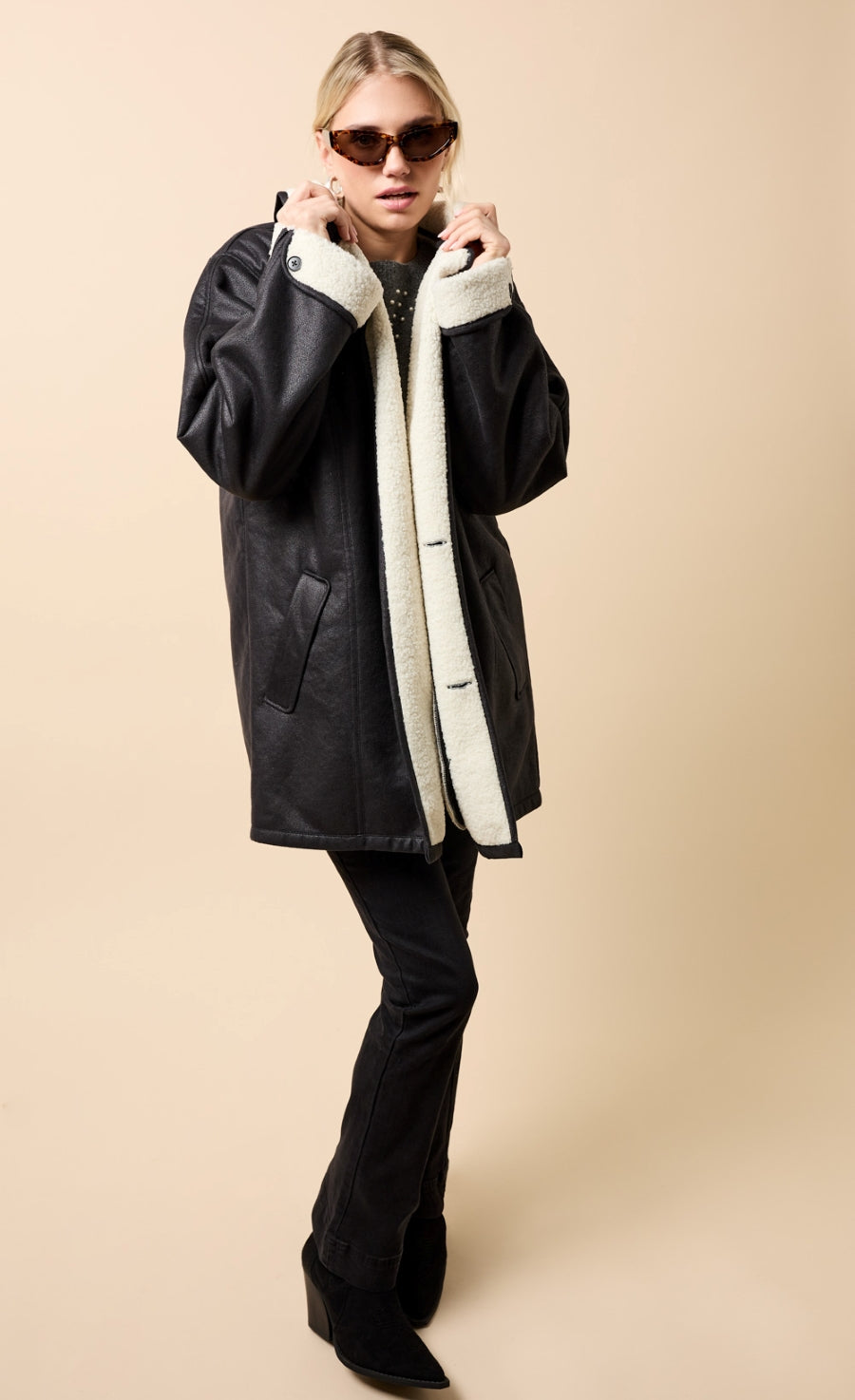 Amara Black Suede Contrast Lining Borg Jacket