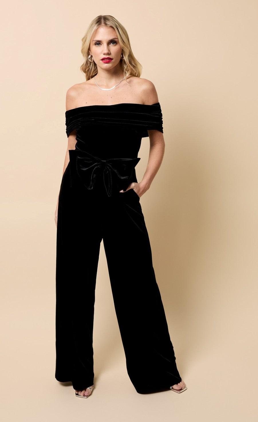 Selene Black Velvet Bow Detail Bardot JumpsuitOne-PiecesJumpsuitsLittle Mistress