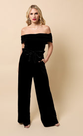 Selene Black Velvet Bow Detail Bardot JumpsuitOne-PiecesJumpsuitsLittle Mistress