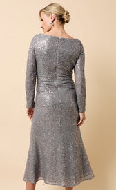 Back view of the Tahlia Grey Gathered Sequin Midaxi Dress showcasing its elegant design and shimmering sequins.
