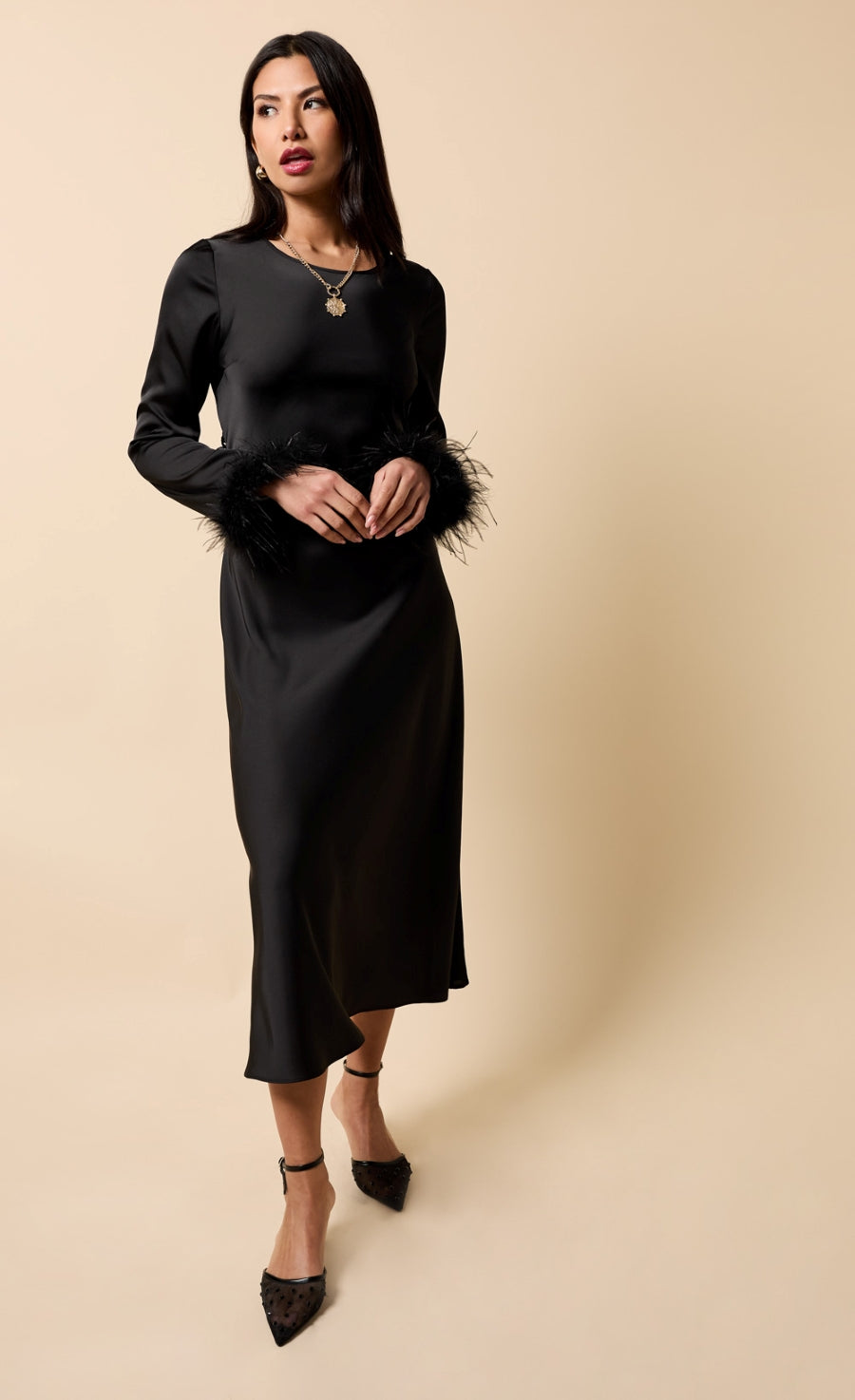 Riviera Black Satin Feather Trim Sleeve Midaxi Dress