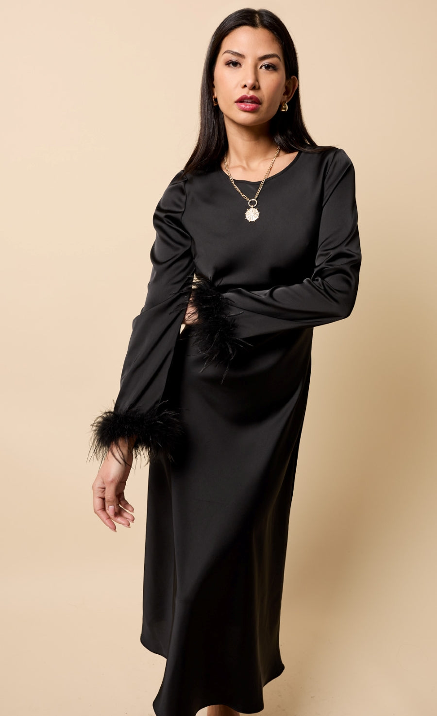 Little Mistress Riviera Black Satin Feather Trim Sleeve Midaxi Dress