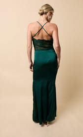 Back view of Tallulah Green Satin Lace Detail Maxi Dress, showcasing lace detailing and flowing silhouette.
