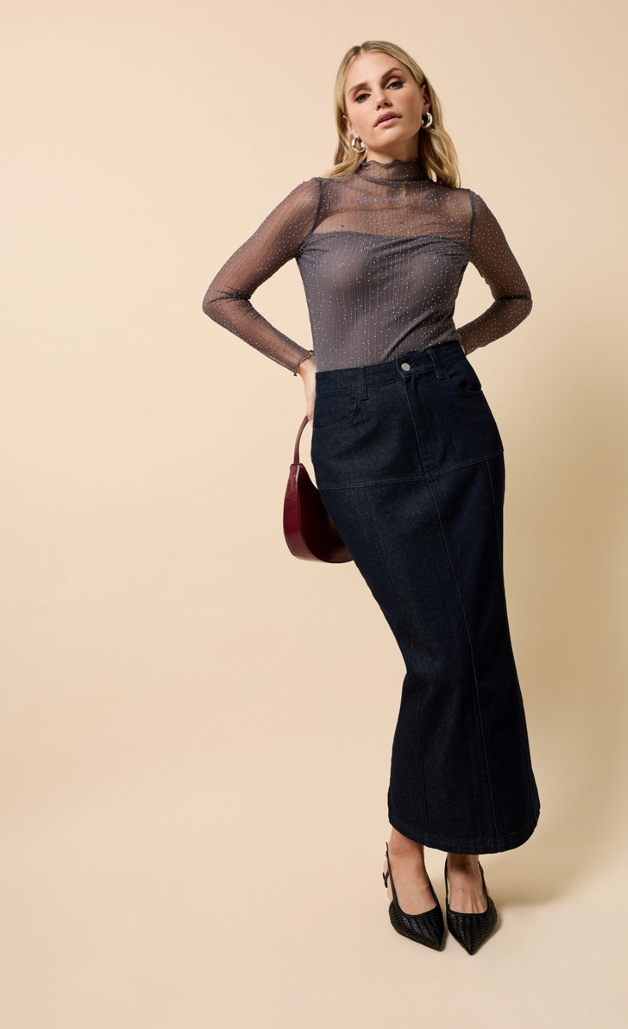 Delphine Grey Mesh Embellished High Neck Top