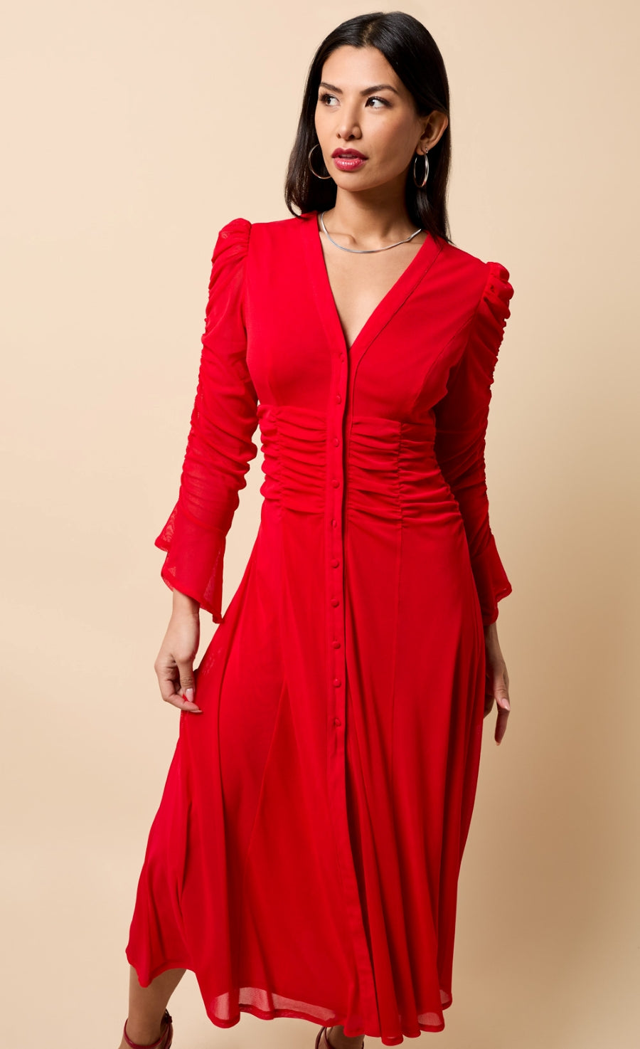 Saphira Red Mesh Shirt Midaxi Dress