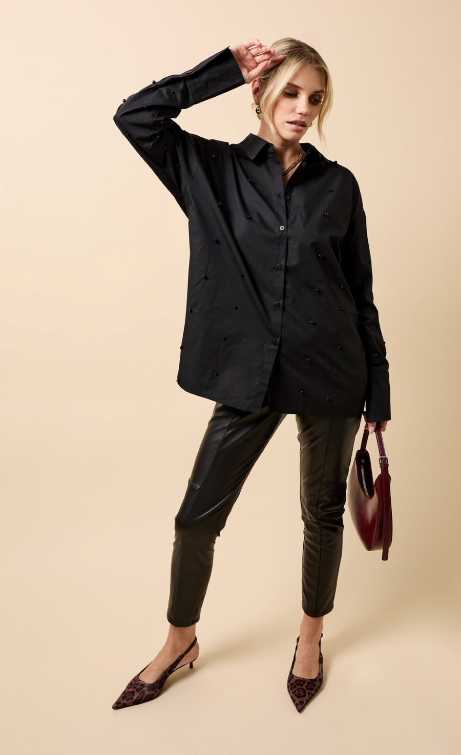 Oriane Black Cotton Pearl Embellished Shirt