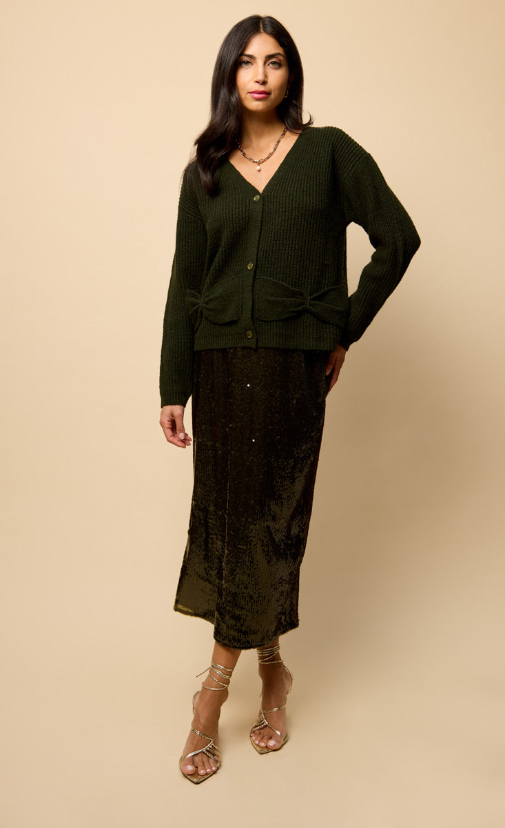 Ivanna Khaki Bow Pocket Detail Cardigan