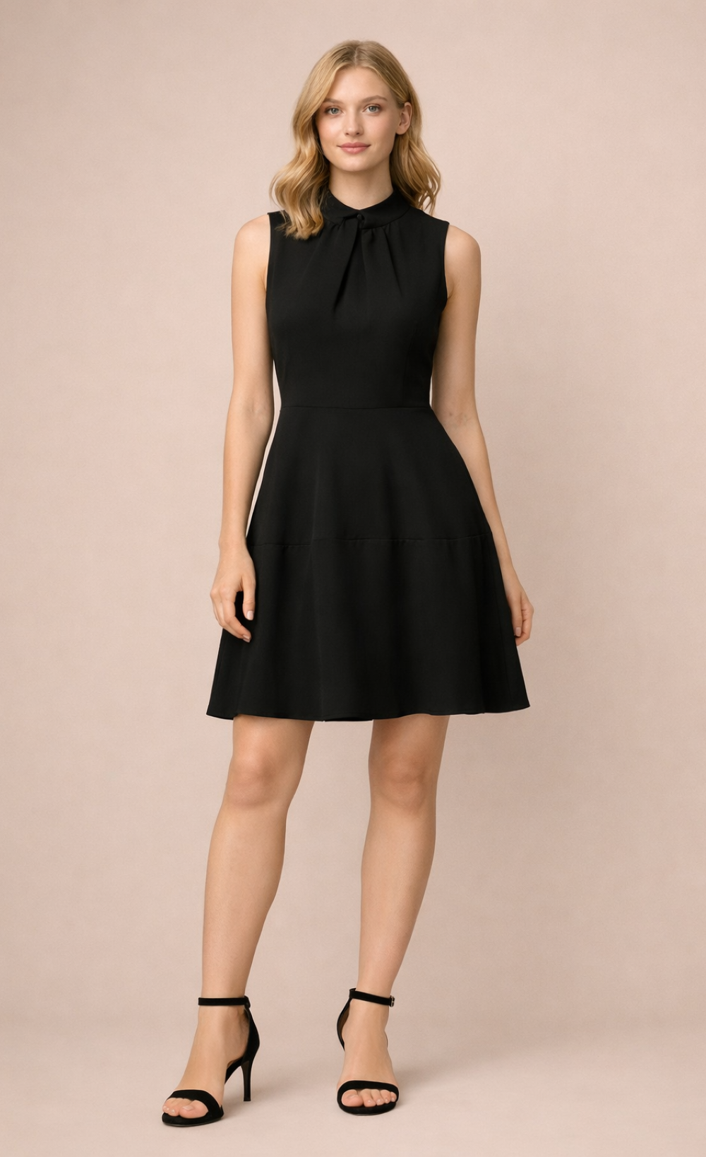 Black Twist Neck Mini Dress featuring a chic twist-neck design and flared mini skirt, perfect for special occasions.