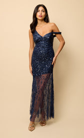 Capri Navy Asymetric Embellished Maxi Dress, one-shoulder design, shimmering embellishments, perfect for special occasions.