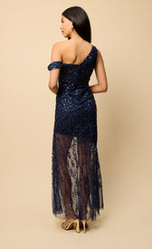 Navy Asymmetric Embellished Maxi Dress with one-shoulder design and A-line silhouette from the back.