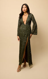 Olive Wrap Embellished Maxi Dress with V-neckline and long sleeves, featuring intricate embellishments and a thigh-high slit.