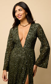 Olive Wrap Embellished Maxi Dress showcasing a V-neckline and long sleeves, ideal for evening elegance.