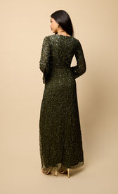 Olive Wrap Embellished Maxi Dress showcasing back view with long sleeves and elegant embellishments.