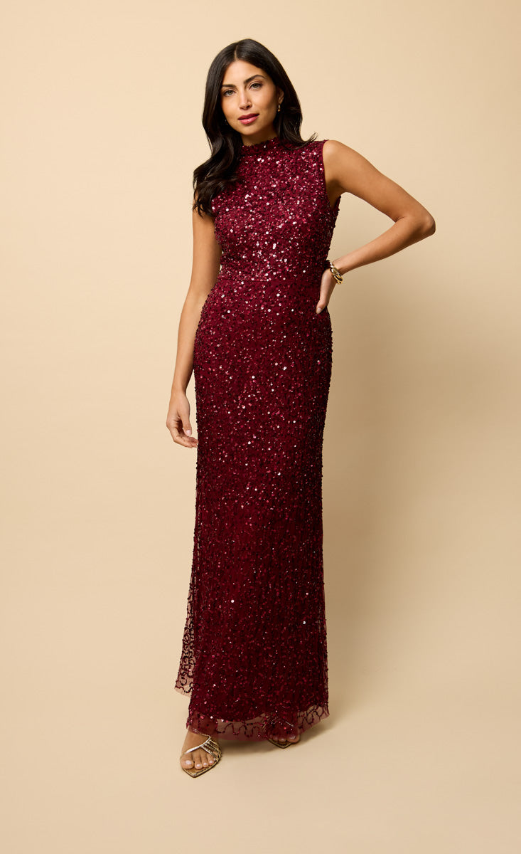 red high neck dress Little Mistress Dominique Red High Neck Open Back Embellished Maxi Dress
