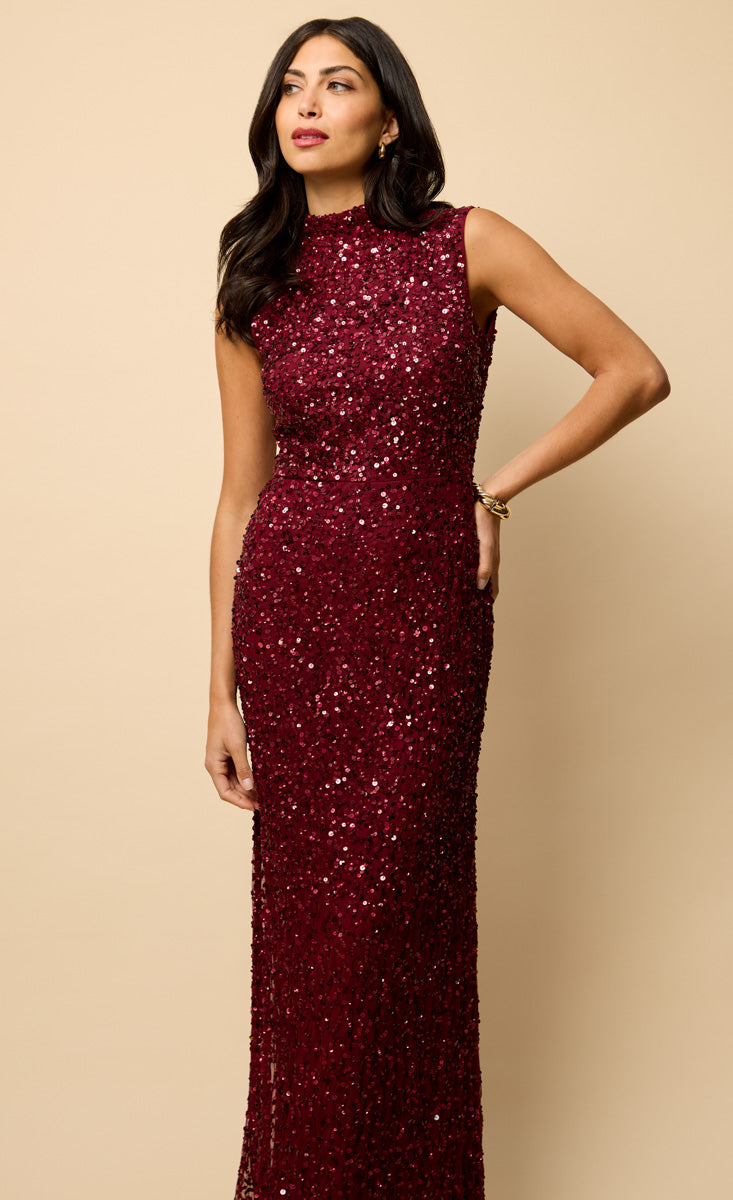 Dominique Red High Neck Open Back Embellished Maxi Dress