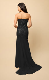 Harlow Black Mesh Train Embellished Maxi Dress showcases a back view of the sparkling bandeau design and flowing mesh train.