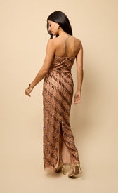 Margaux Gold Bandeau Embellished Maxi Dress showcasing stunning sequin design from the back, perfect for glamorous events.