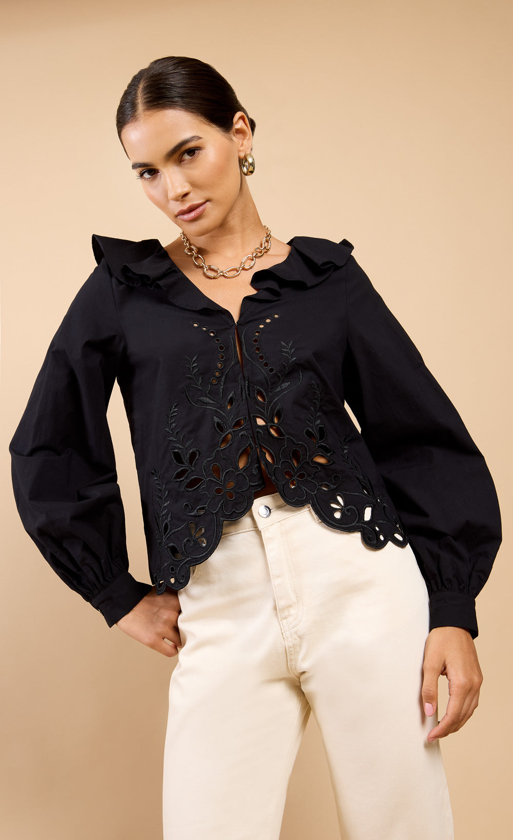 Cléa Black Embroidered Frill Top