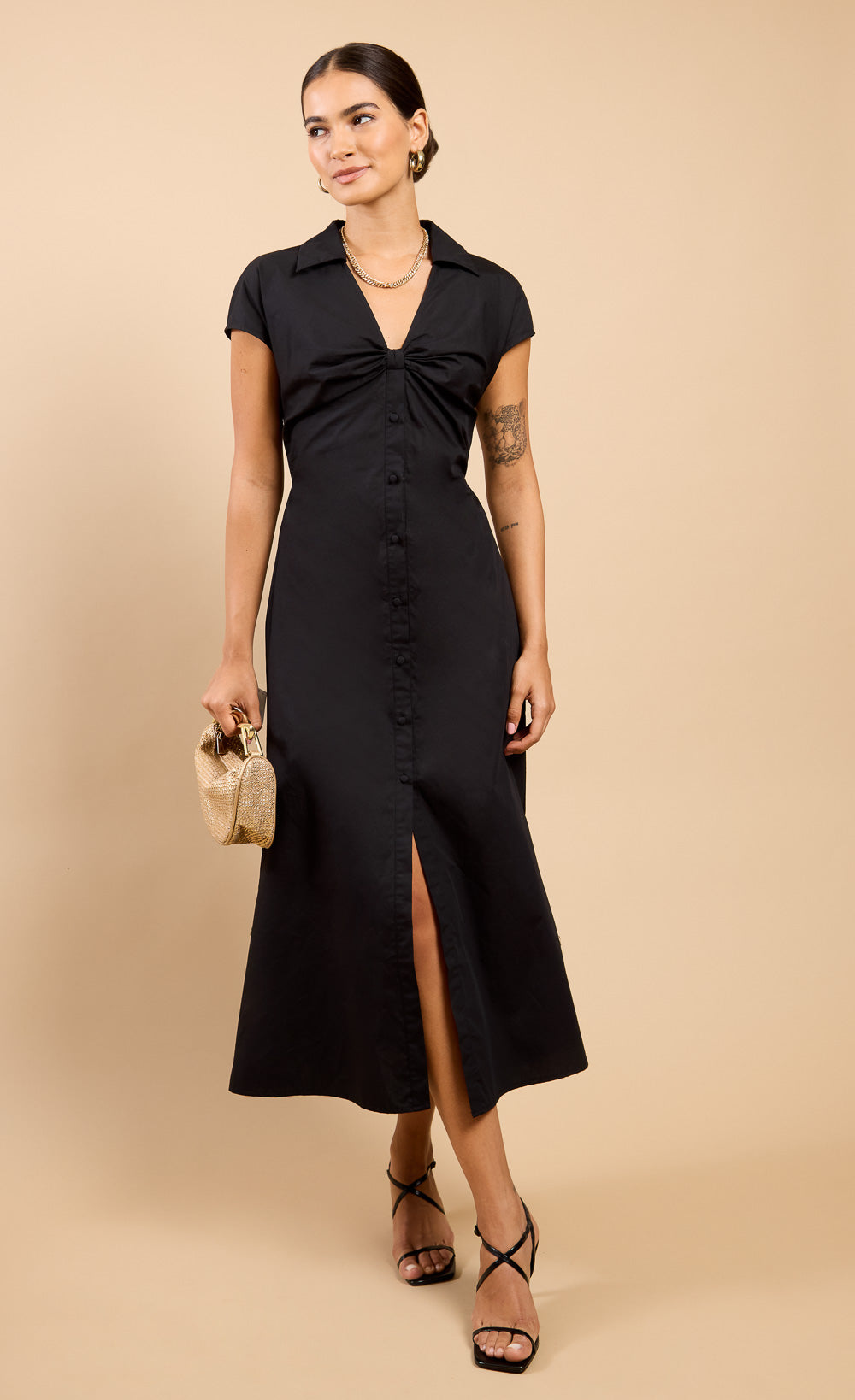 Bellisse Black Gathered Detail Midaxi Shirt Dress