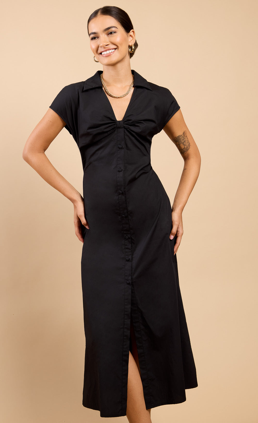 Bellisse Black Gathered Detail Midaxi Shirt Dress