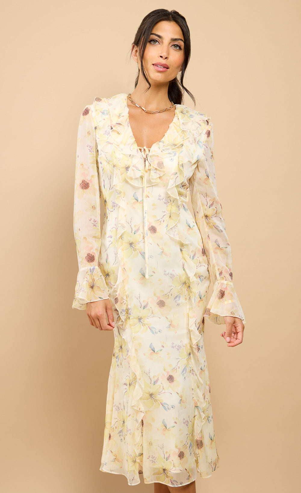 Elyse Yellow Floral Print Frill Midaxi Dress