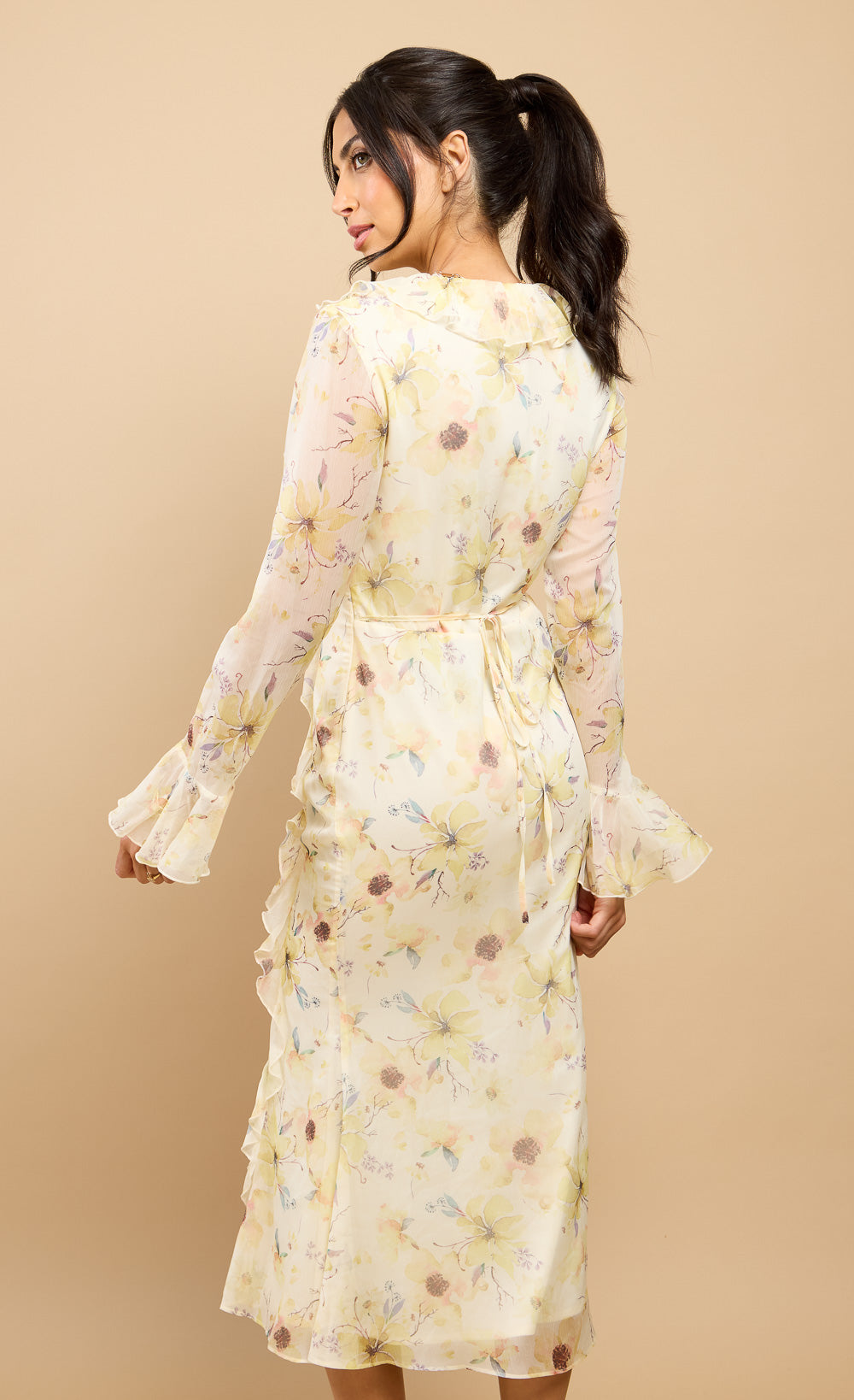 Elyse Yellow Floral Print Frill Midaxi Dress