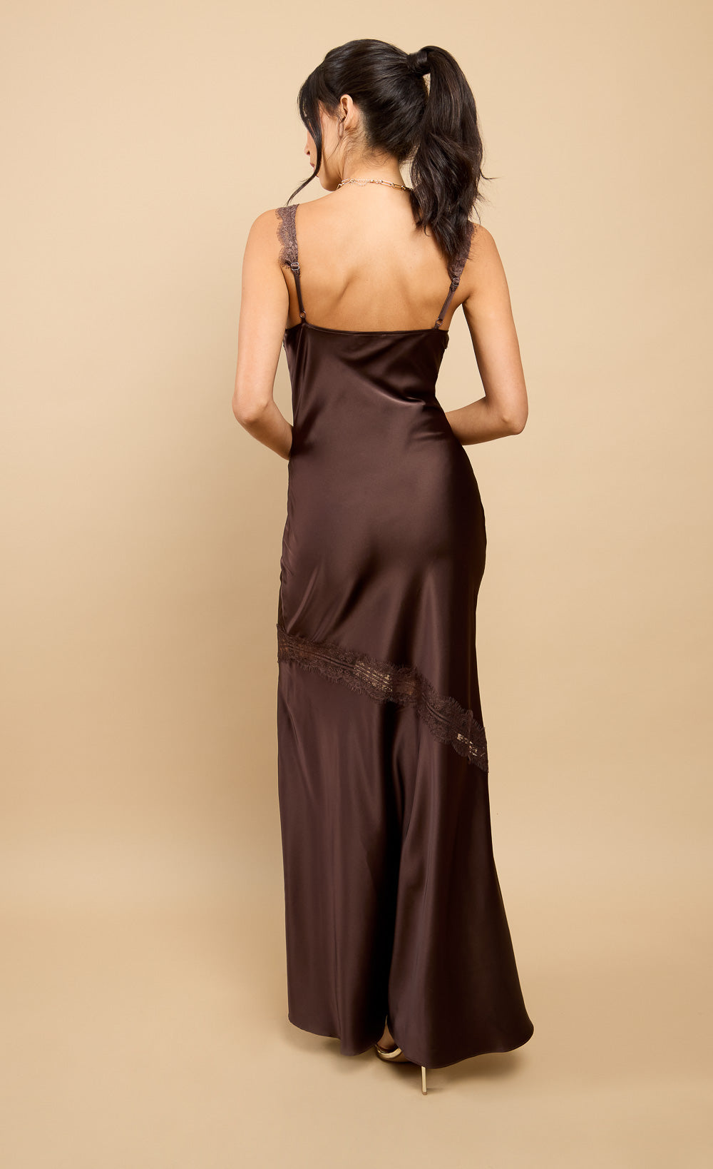 Elara Brown Satin Lace Detail Maxi Dress