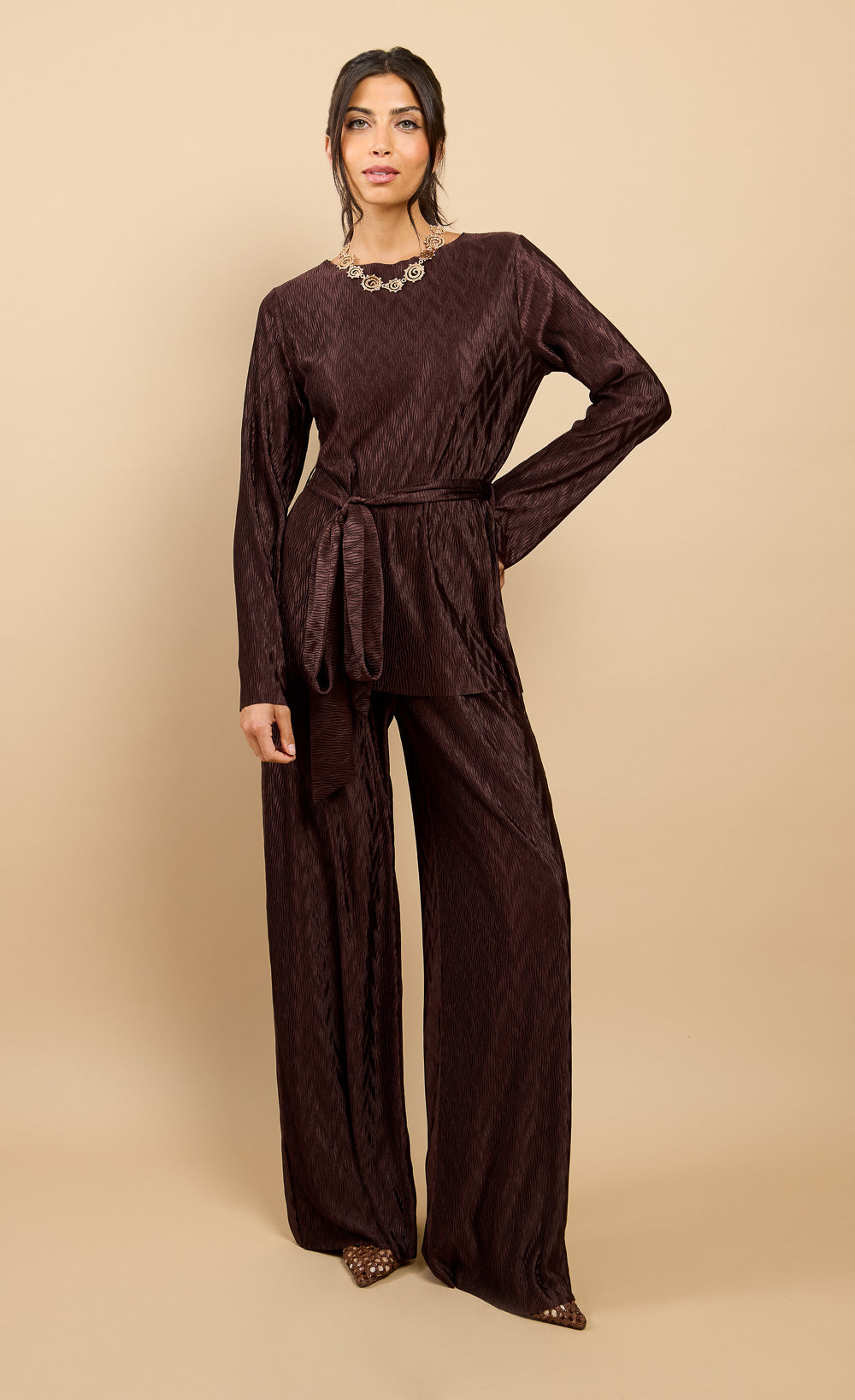 Ivette Brown Plisse Longline Top