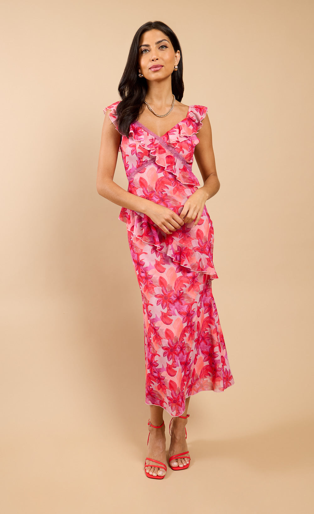 Pink Floral Ruffle Midaxi Dress