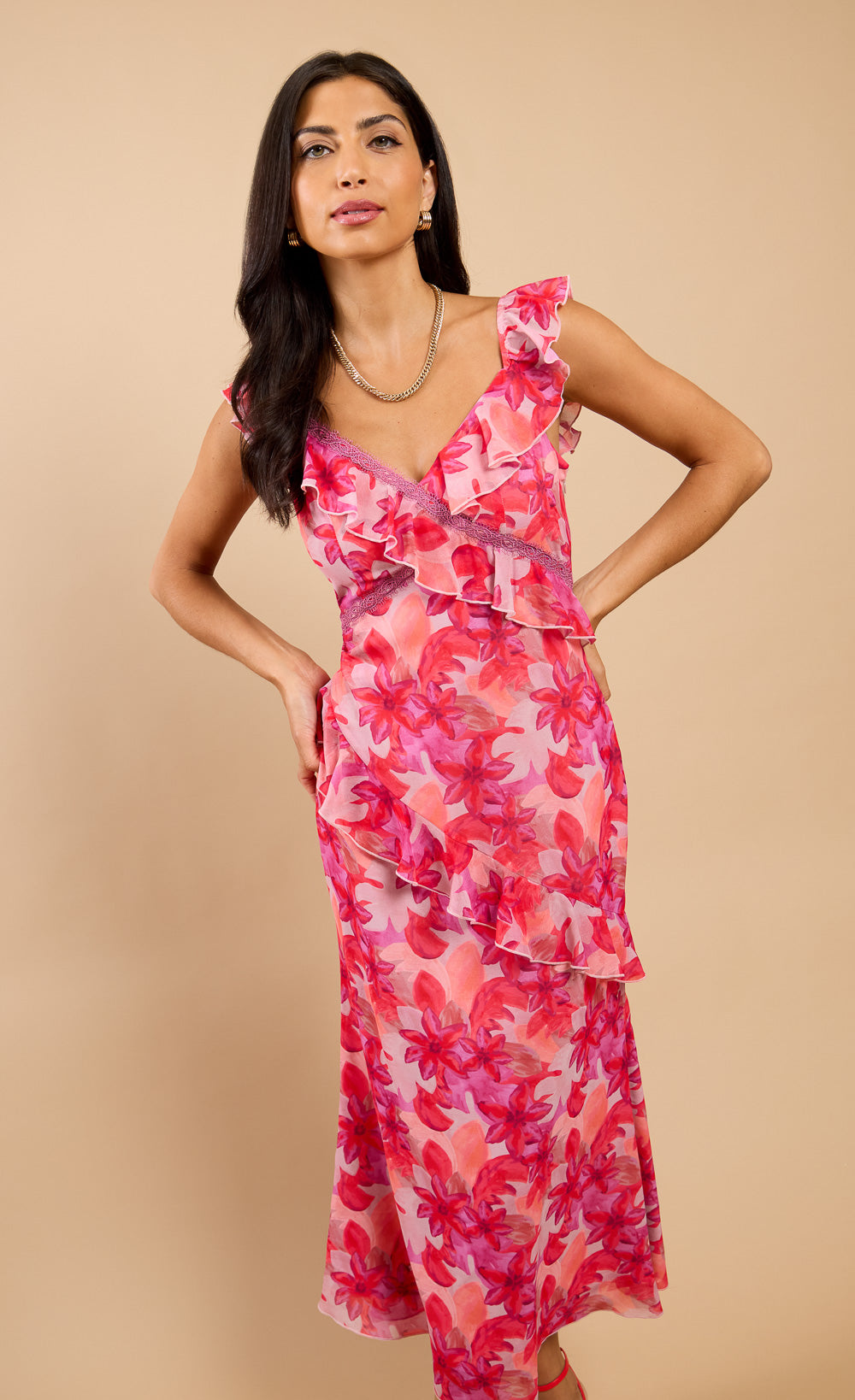 Nerida Pink Floral Print Ruffle Midaxi Dress