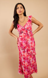 Nerida Pink Floral Print Ruffle Midaxi DressDressesRuffle DressLittle Mistress