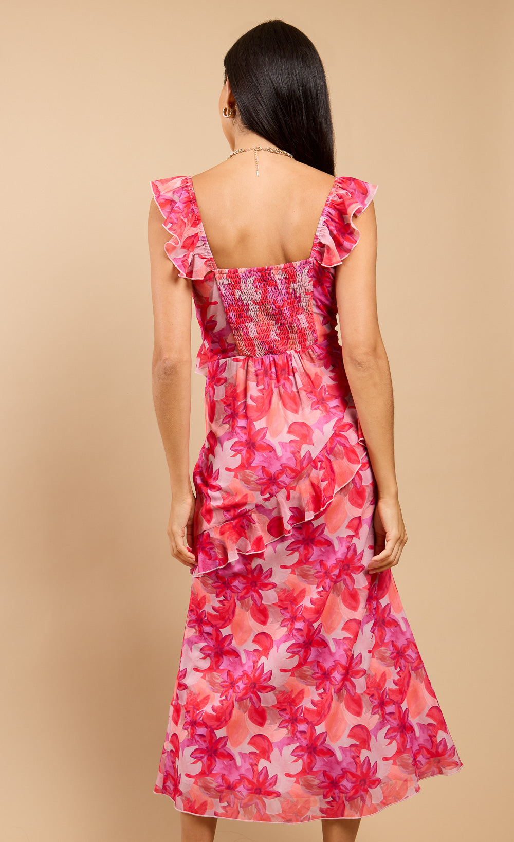 Nerida Pink Floral Print Ruffle Midaxi Dress