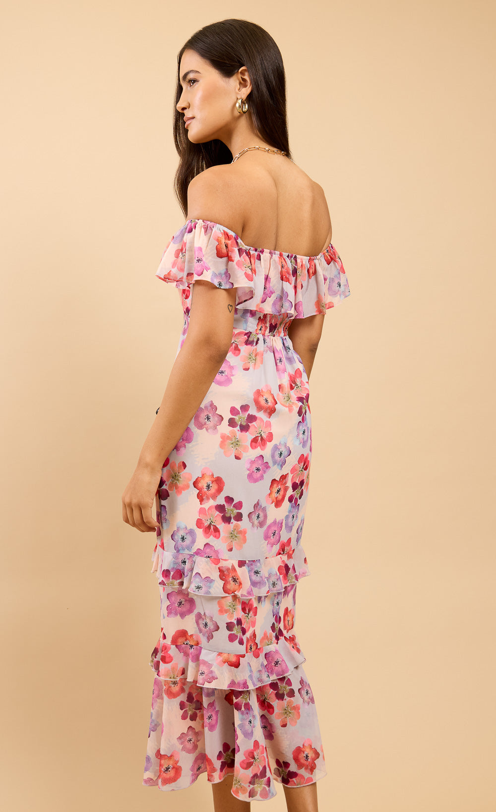 Noa Floral Print Ruffle Bardot Midaxi Dress