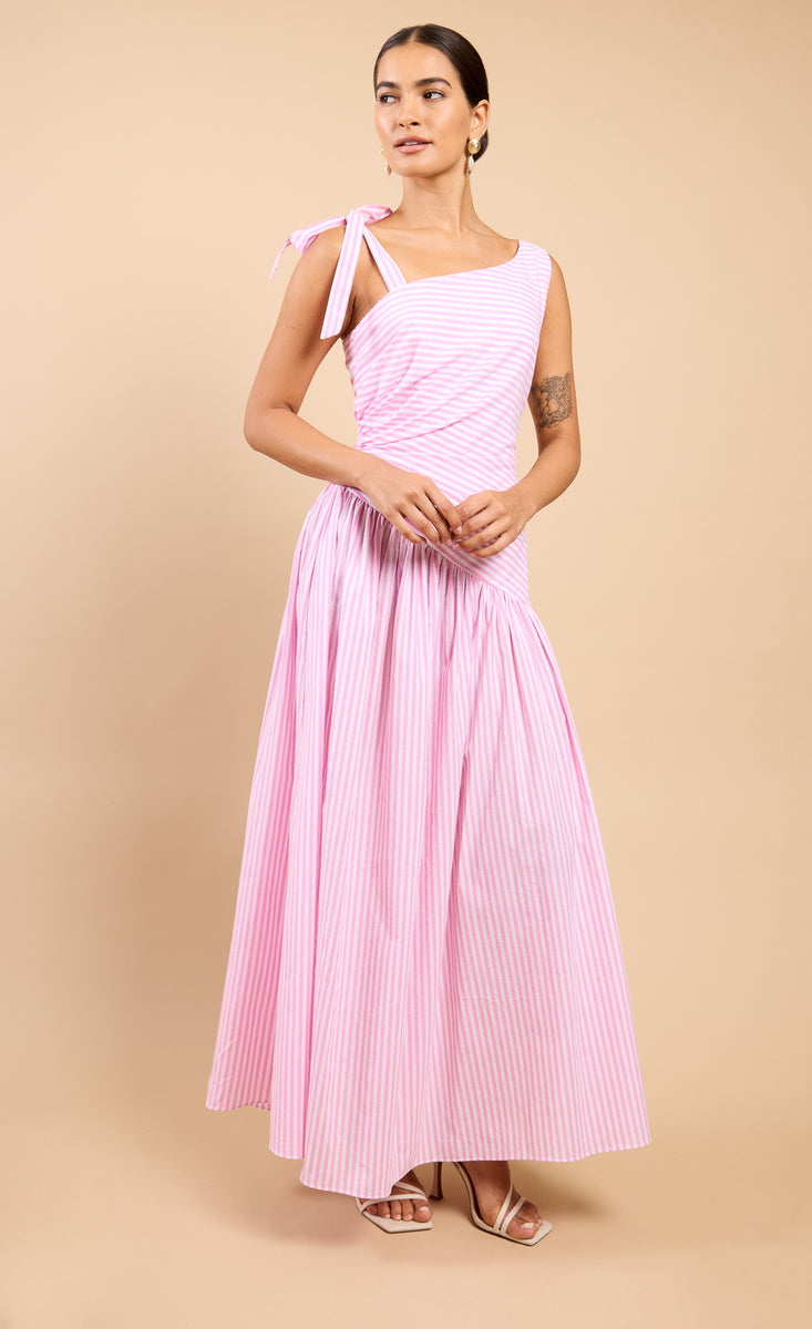 Pink Stripe Asymmetric Midaxi Dress: Stylish Evening Wear
