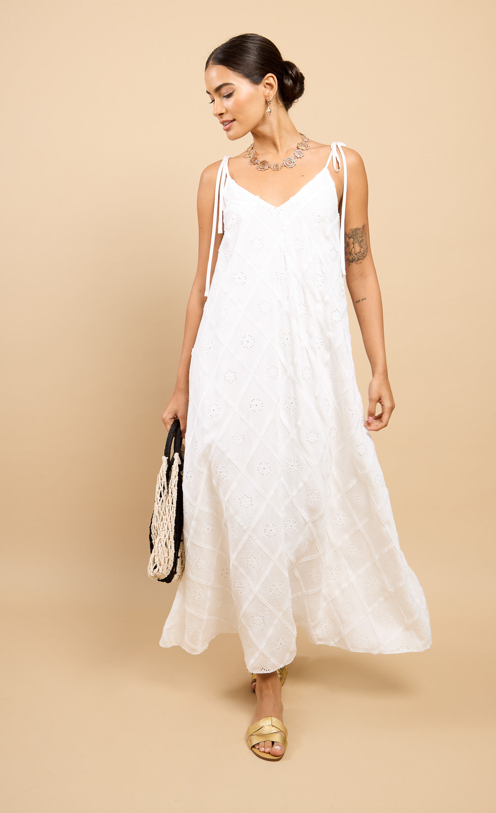 Mara White Embroidered Tie Strap Maxi Dress