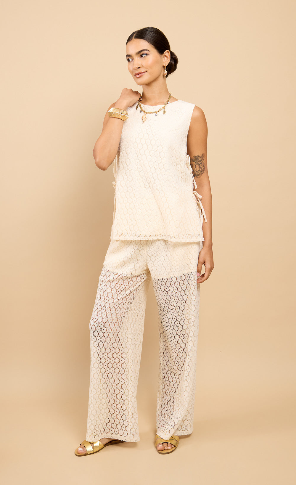 Désirée Cream Lace Wide Leg TrouserTrousersLace TrouserLittle Mistress
