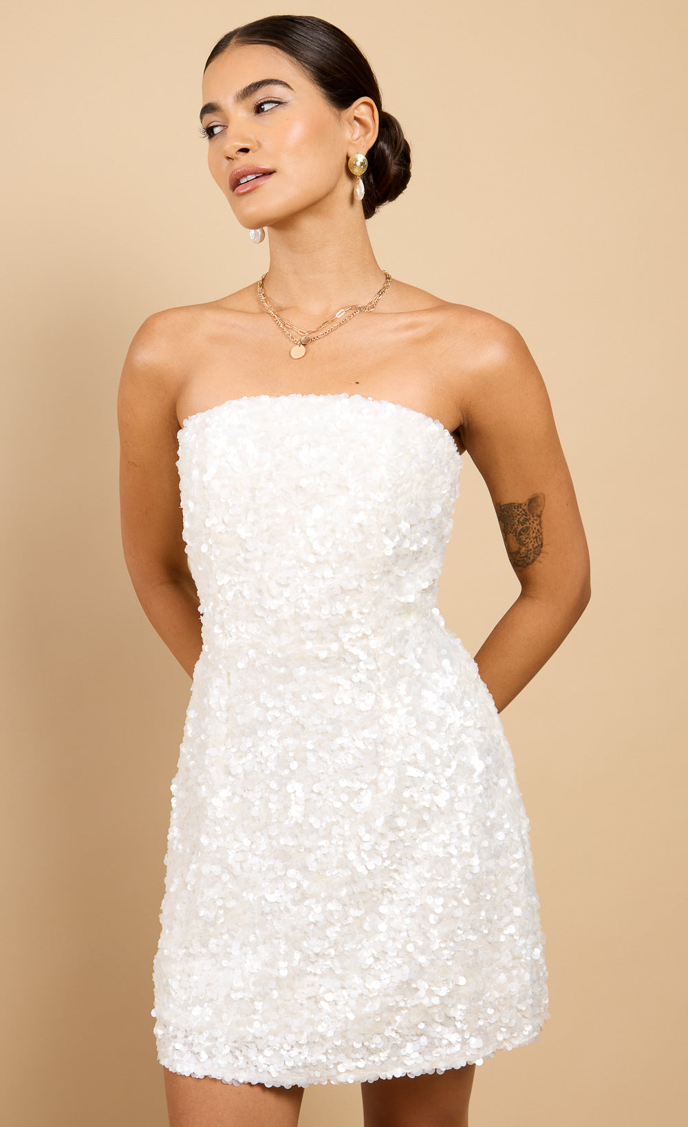 white sparkle short dress Little Mistress Gaia White Sequin Mini Dress